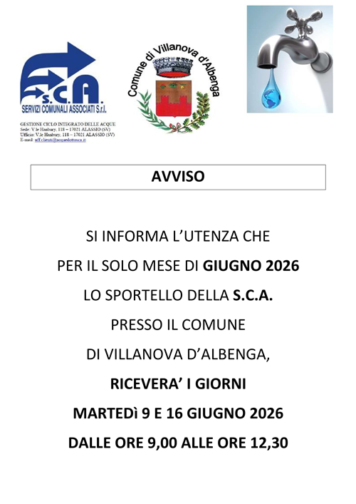 Giorni di ricevimento dello sportello clienti SCA per il mese di Giugno 2026