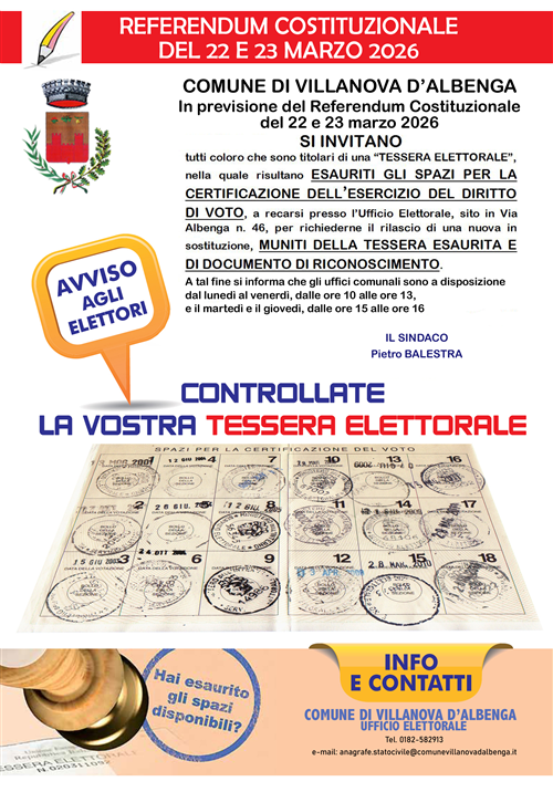 Referendum Costituzionale indetto per il giorno 22 e 23 marzo 2026 - Invito agli elettori a controllare la propria tessera elettorale