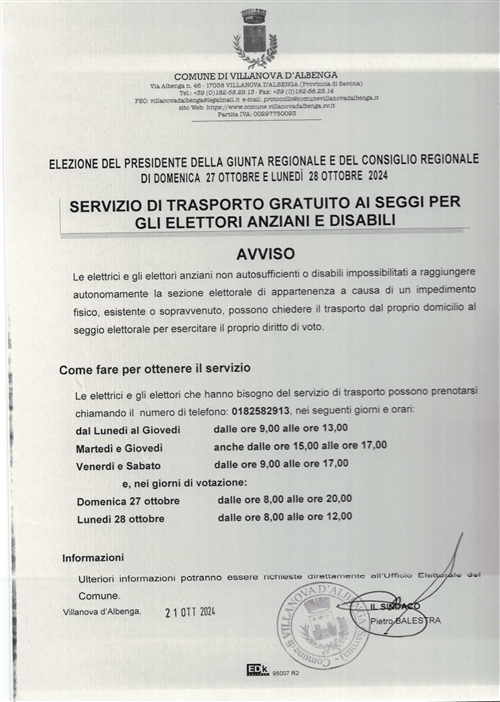 ELEZIONI DEL PRESIDENTE DELLA GIUNTA REGIONALE E DEL CONSIGLIO REGIONALE DI DOMENICA 27 OTTOBRE E LUNEDÌ 28 OTTOBRE 2024 - Servizio di trasporto gratuito ai seggi per gil elettori anziani e disabili