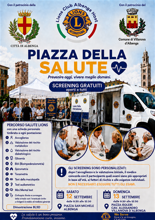 Piazza della Salute - prevenire oggi, vivere meglio domani 
SCREENING GRATUITI aperti a tutti