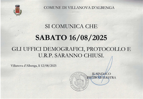 Avviso chiusura Uffici - Sabato 16 agosto 2025